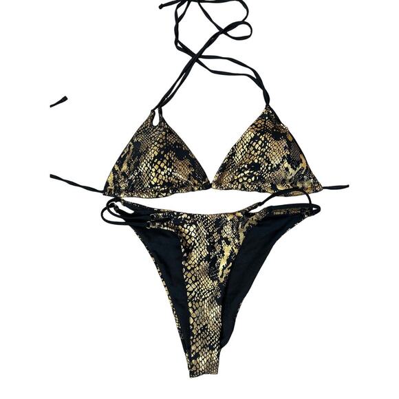 Bikini Beach snakeskin halter thigh high padded top gold/black swimsuit SZ M - Picture 2 of 5